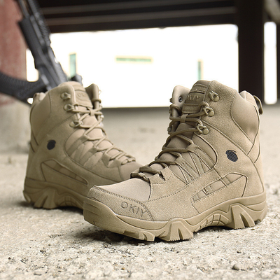 Botas de montanhismo de alto topo de venda por grosso Botas táticas castanhas para homens Botas de treino à prova d'água antiderrapante